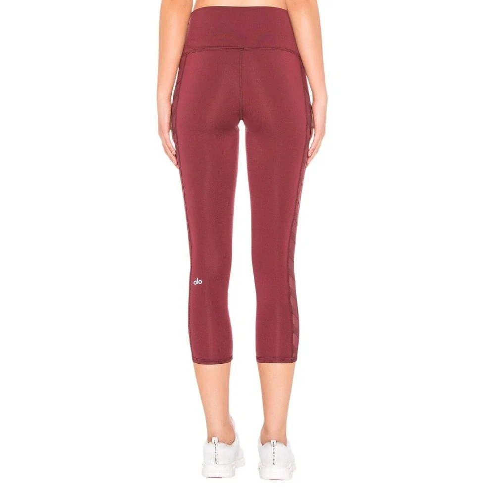 Alo Yoga Lattice Mesh‎ High-Waist Crop Leggings Burgundy Red Large W5505R